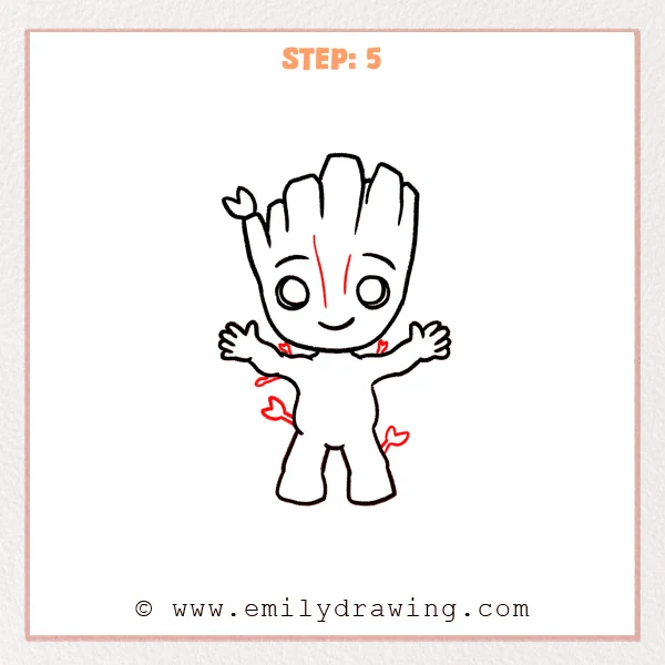 how to draw a baby groot - Step 5: Baby Groot outline with small leafy sprouts and curved bark section lines on head and legs.
